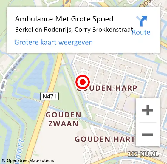 Locatie op kaart van de 112 melding: Ambulance Met Grote Spoed Naar Berkel en Rodenrijs, Corry Brokkenstraat op 14 februari 2023 18:00