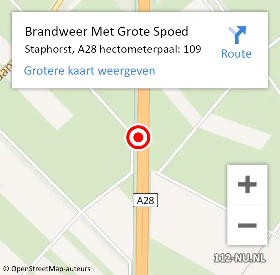 Locatie op kaart van de 112 melding: Brandweer Met Grote Spoed Naar Staphorst, A28 hectometerpaal: 109 op 14 februari 2023 18:09