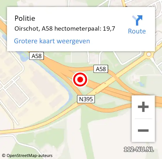 Locatie op kaart van de 112 melding: Politie Oirschot, A58 hectometerpaal: 19,7 op 14 februari 2023 18:14