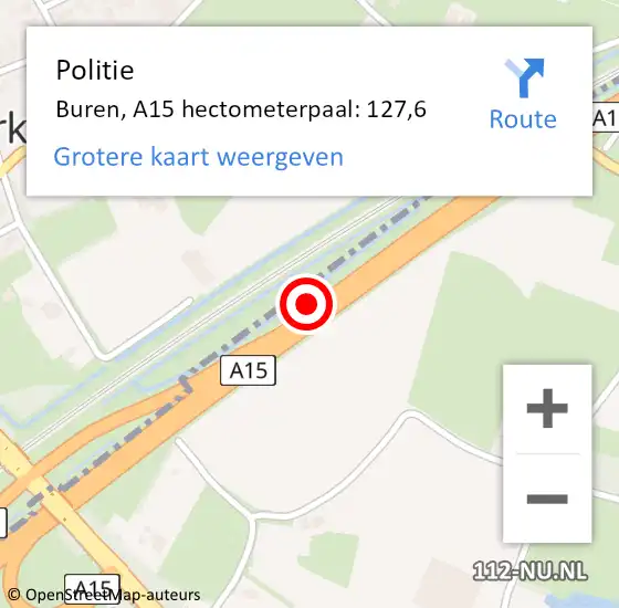 Locatie op kaart van de 112 melding: Politie Buren, A15 hectometerpaal: 127,6 op 14 februari 2023 21:10