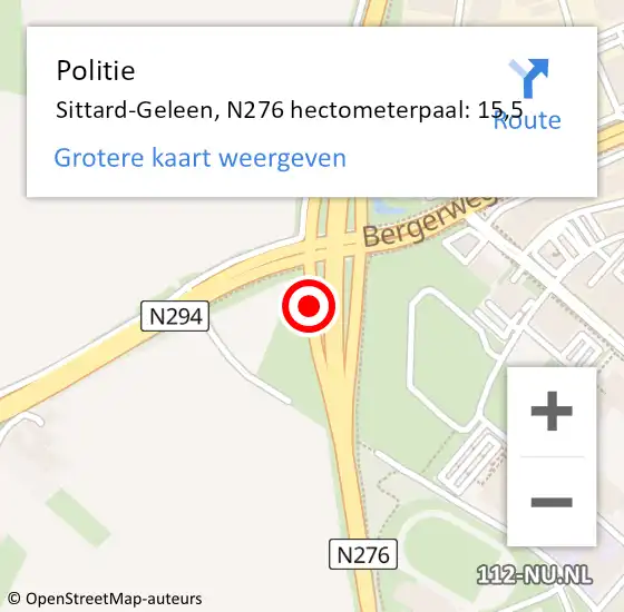 Locatie op kaart van de 112 melding: Politie Sittard-Geleen, N276 hectometerpaal: 15,5 op 14 februari 2023 22:26