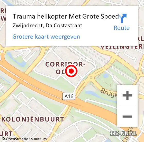 Locatie op kaart van de 112 melding: Trauma helikopter Met Grote Spoed Naar Zwijndrecht, Da Costastraat op 14 februari 2023 23:25