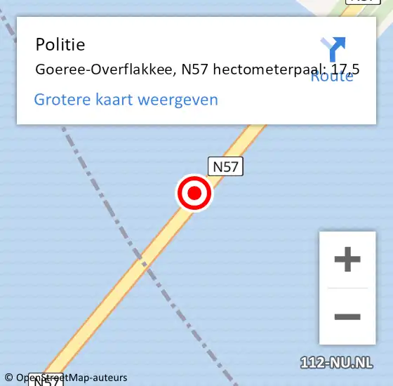 Locatie op kaart van de 112 melding: Politie Goeree-Overflakkee, N57 hectometerpaal: 17,5 op 15 februari 2023 08:02