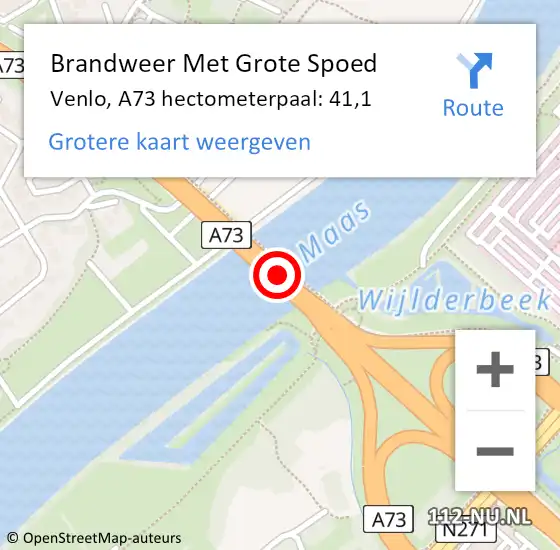 Locatie op kaart van de 112 melding: Brandweer Met Grote Spoed Naar Venlo, A73 hectometerpaal: 41,1 op 15 februari 2023 09:00