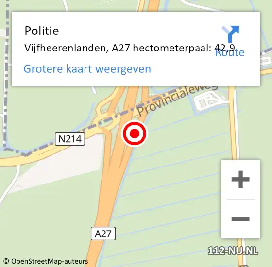 Locatie op kaart van de 112 melding: Politie Vijfheerenlanden, A27 hectometerpaal: 42,9 op 15 februari 2023 09:24