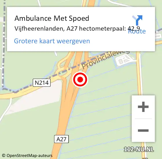 Locatie op kaart van de 112 melding: Ambulance Met Spoed Naar Vijfheerenlanden, A27 hectometerpaal: 42,9 op 15 februari 2023 09:25