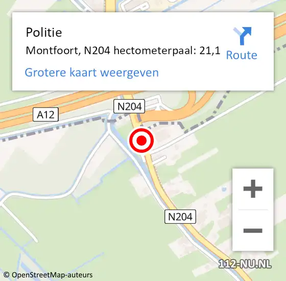Locatie op kaart van de 112 melding: Politie Montfoort, N204 hectometerpaal: 21,1 op 15 februari 2023 09:47