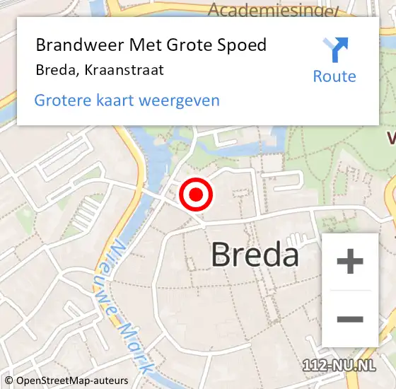 Locatie op kaart van de 112 melding: Brandweer Met Grote Spoed Naar Breda, Kraanstraat op 15 februari 2023 11:36