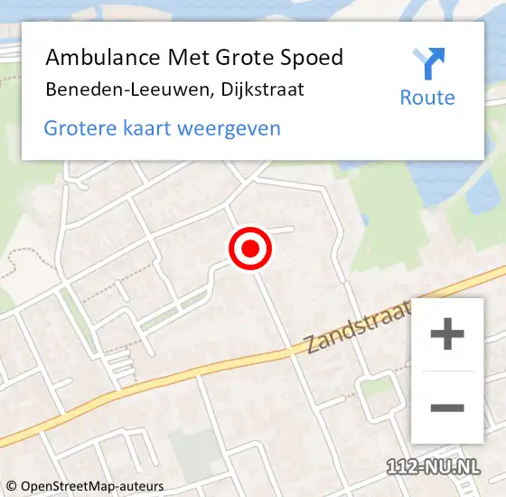 Locatie op kaart van de 112 melding: Ambulance Met Grote Spoed Naar Beneden-Leeuwen, Dijkstraat op 15 februari 2023 11:50