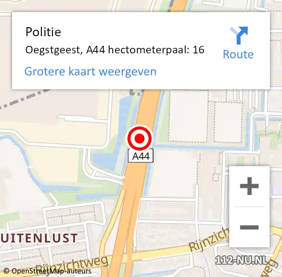 Locatie op kaart van de 112 melding: Politie Oegstgeest, A44 hectometerpaal: 16 op 15 februari 2023 13:44