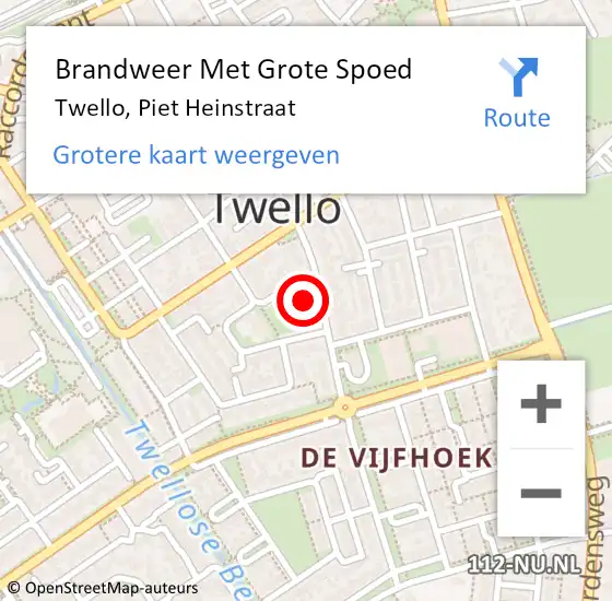 Locatie op kaart van de 112 melding: Brandweer Met Grote Spoed Naar Twello, Piet Heinstraat op 15 februari 2023 14:01