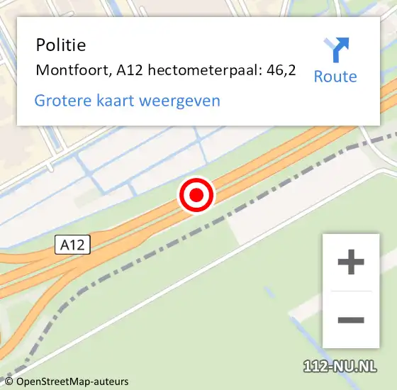 Locatie op kaart van de 112 melding: Politie Montfoort, A12 hectometerpaal: 46,2 op 15 februari 2023 14:17