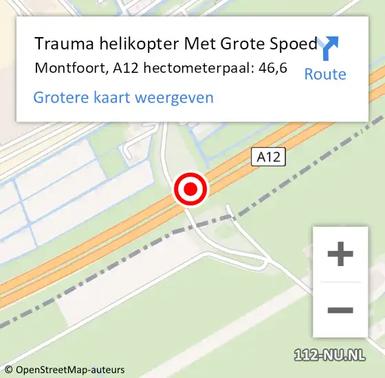 Locatie op kaart van de 112 melding: Trauma helikopter Met Grote Spoed Naar Montfoort, A12 hectometerpaal: 46,6 op 15 februari 2023 14:17