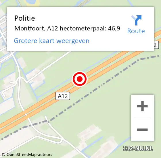 Locatie op kaart van de 112 melding: Politie Montfoort, A12 hectometerpaal: 46,9 op 15 februari 2023 14:24
