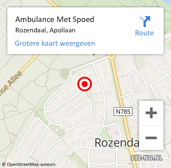 Locatie op kaart van de 112 melding: Ambulance Met Spoed Naar Rozendaal, Apollaan op 15 februari 2023 15:04