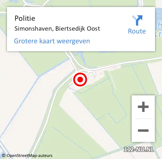 Locatie op kaart van de 112 melding: Politie Simonshaven, Biertsedijk Oost op 15 februari 2023 18:11