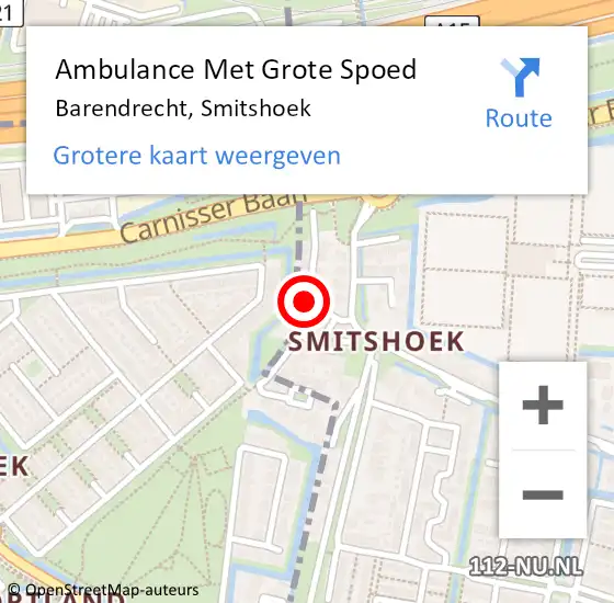 Locatie op kaart van de 112 melding: Ambulance Met Grote Spoed Naar Barendrecht, Smitshoek op 15 februari 2023 18:18