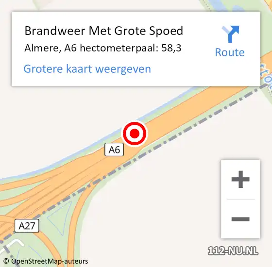 Locatie op kaart van de 112 melding: Brandweer Met Grote Spoed Naar Almere, A6 hectometerpaal: 58,3 op 15 februari 2023 18:42