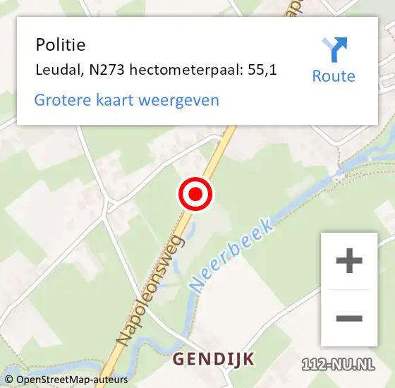 Locatie op kaart van de 112 melding: Politie Leudal, N273 hectometerpaal: 55,1 op 15 februari 2023 19:35