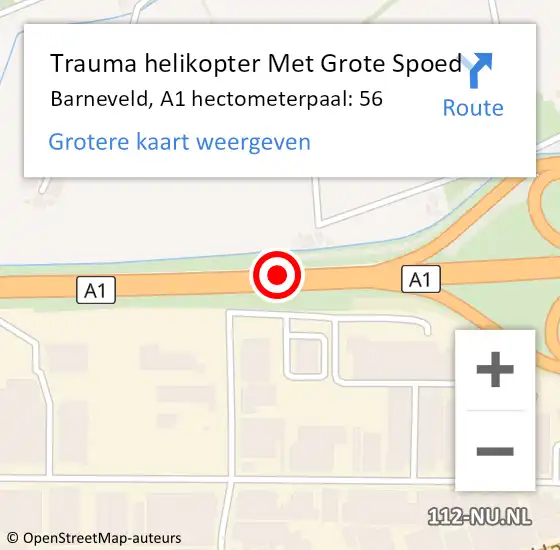 Locatie op kaart van de 112 melding: Trauma helikopter Met Grote Spoed Naar Barneveld, A1 hectometerpaal: 56 op 15 februari 2023 22:29