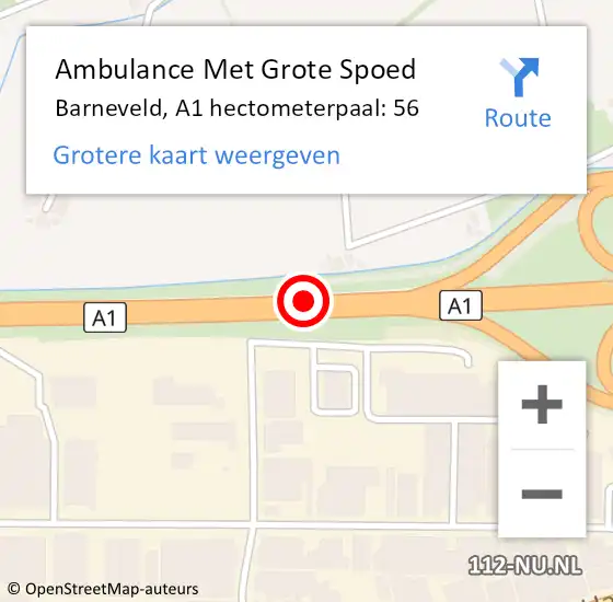 Locatie op kaart van de 112 melding: Ambulance Met Grote Spoed Naar Barneveld, A1 hectometerpaal: 56 op 15 februari 2023 22:30