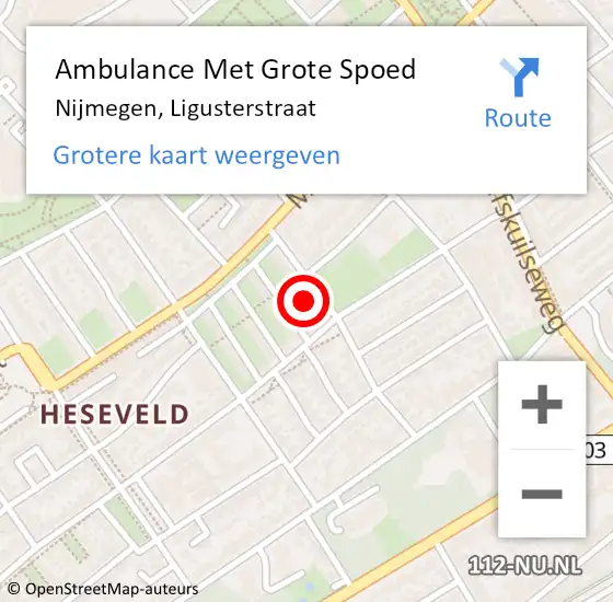 Locatie op kaart van de 112 melding: Ambulance Met Grote Spoed Naar Nijmegen, Ligusterstraat op 15 februari 2023 23:42