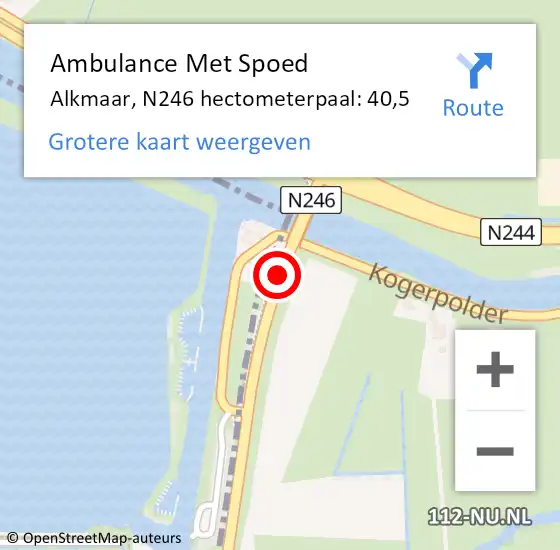 Locatie op kaart van de 112 melding: Ambulance Met Spoed Naar Alkmaar, N246 hectometerpaal: 40,5 op 16 februari 2023 05:45