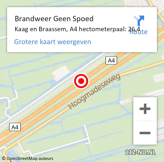 Locatie op kaart van de 112 melding: Brandweer Geen Spoed Naar Kaag en Braassem, A4 hectometerpaal: 26,4 op 16 februari 2023 06:28