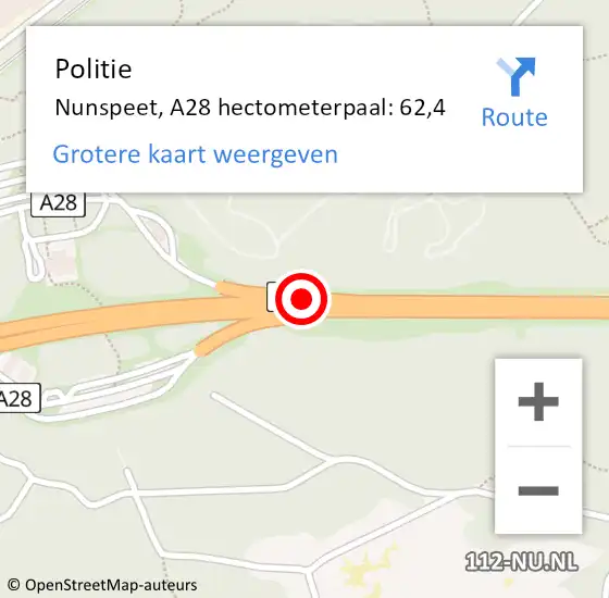 Locatie op kaart van de 112 melding: Politie Nunspeet, A28 hectometerpaal: 62,4 op 16 februari 2023 07:14