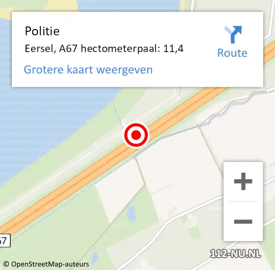 Locatie op kaart van de 112 melding: Politie Eersel, A67 hectometerpaal: 11,4 op 16 februari 2023 08:51