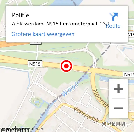 Locatie op kaart van de 112 melding: Politie Alblasserdam, N915 hectometerpaal: 23,1 op 16 februari 2023 09:54