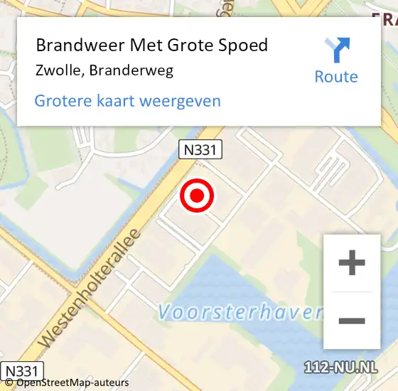 Locatie op kaart van de 112 melding: Brandweer Met Grote Spoed Naar Zwolle, Branderweg op 16 februari 2023 10:44