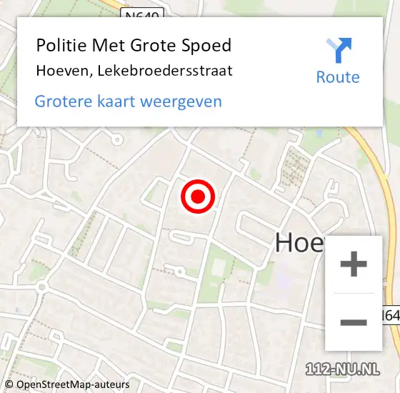 Locatie op kaart van de 112 melding: Politie Met Grote Spoed Naar Hoeven, Lekebroedersstraat op 16 februari 2023 10:52