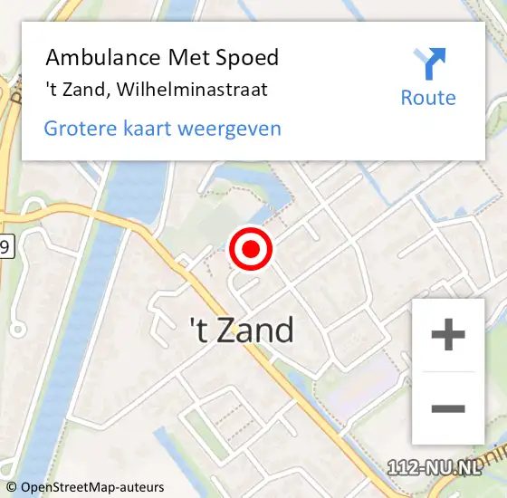 Locatie op kaart van de 112 melding: Ambulance Met Spoed Naar 't Zand, Wilhelminastraat op 16 februari 2023 12:35