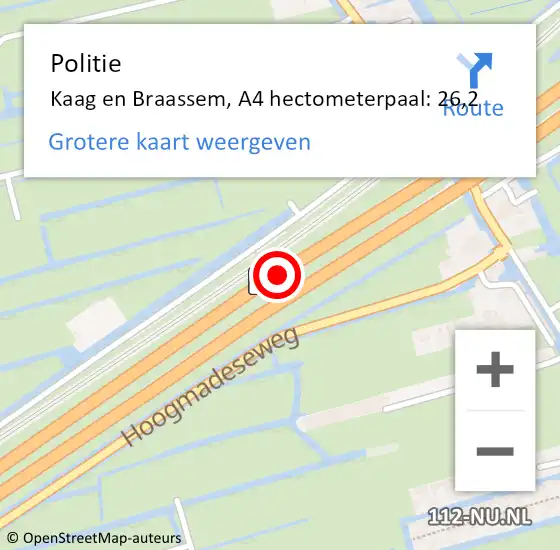 Locatie op kaart van de 112 melding: Politie Kaag en Braassem, A4 hectometerpaal: 26,2 op 16 februari 2023 14:06