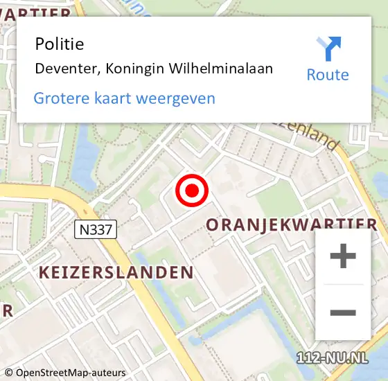 Locatie op kaart van de 112 melding: Politie Deventer, Koningin Wilhelminalaan op 16 februari 2023 14:13