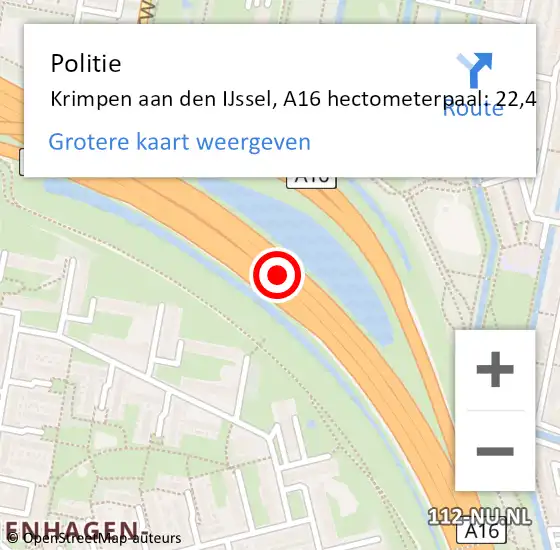 Locatie op kaart van de 112 melding: Politie Krimpen aan den IJssel, A16 hectometerpaal: 22,4 op 16 februari 2023 14:43