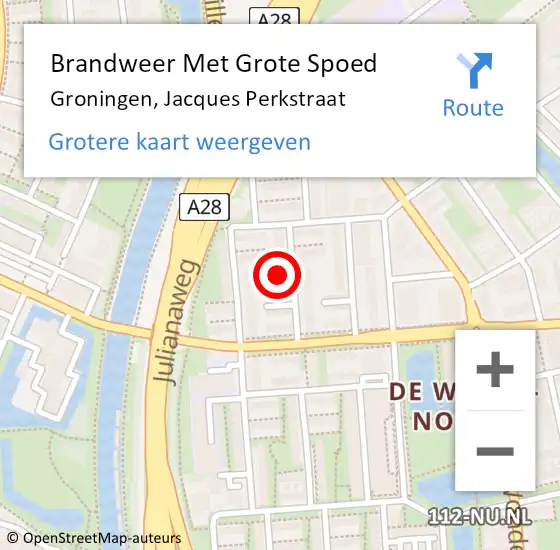 Locatie op kaart van de 112 melding: Brandweer Met Grote Spoed Naar Groningen, Jacques Perkstraat op 16 februari 2023 15:35