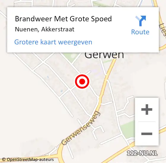 Locatie op kaart van de 112 melding: Brandweer Met Grote Spoed Naar Nuenen, Akkerstraat op 16 februari 2023 17:05