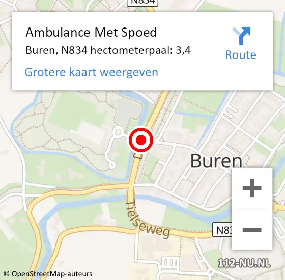 Locatie op kaart van de 112 melding: Ambulance Met Spoed Naar Buren, N834 hectometerpaal: 3,4 op 16 februari 2023 17:16