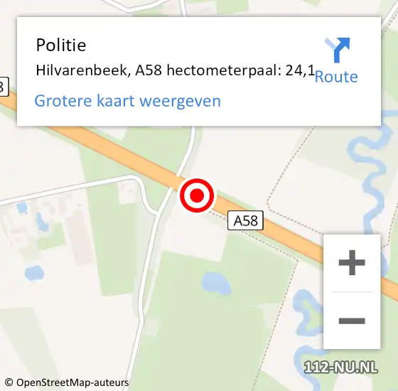 Locatie op kaart van de 112 melding: Politie Hilvarenbeek, A58 hectometerpaal: 24,1 op 16 februari 2023 18:28