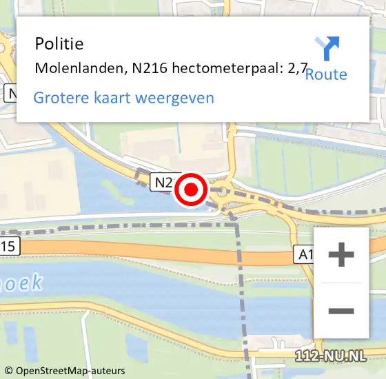 Locatie op kaart van de 112 melding: Politie Molenlanden, N216 hectometerpaal: 2,7 op 16 februari 2023 19:05