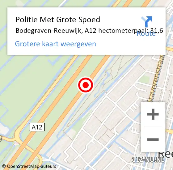 Locatie op kaart van de 112 melding: Politie Met Grote Spoed Naar Bodegraven-Reeuwijk, A12 hectometerpaal: 31,6 op 16 februari 2023 19:36