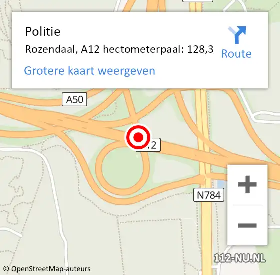 Locatie op kaart van de 112 melding: Politie Rozendaal, A12 hectometerpaal: 128,3 op 16 februari 2023 20:19