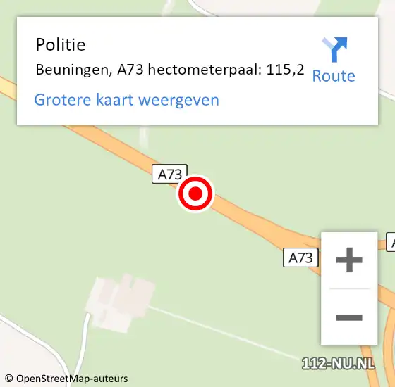 Locatie op kaart van de 112 melding: Politie Beuningen, A73 hectometerpaal: 115,2 op 16 februari 2023 20:19