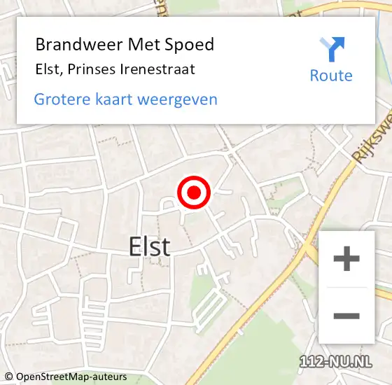 Locatie op kaart van de 112 melding: Brandweer Met Spoed Naar Elst, Prinses Irenestraat op 16 februari 2023 23:25