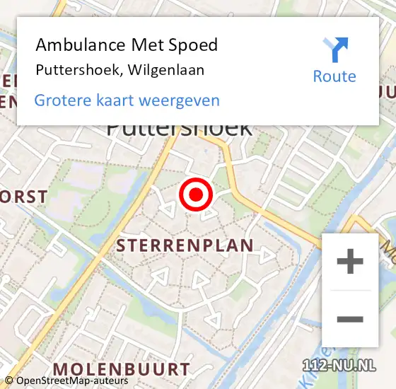 Locatie op kaart van de 112 melding: Ambulance Met Spoed Naar Puttershoek, Wilgenlaan op 17 februari 2023 00:41