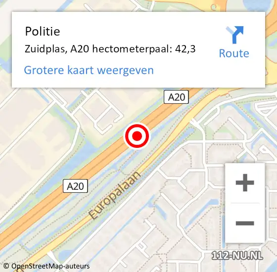 Locatie op kaart van de 112 melding: Politie Zuidplas, A20 hectometerpaal: 42,3 op 17 februari 2023 07:23