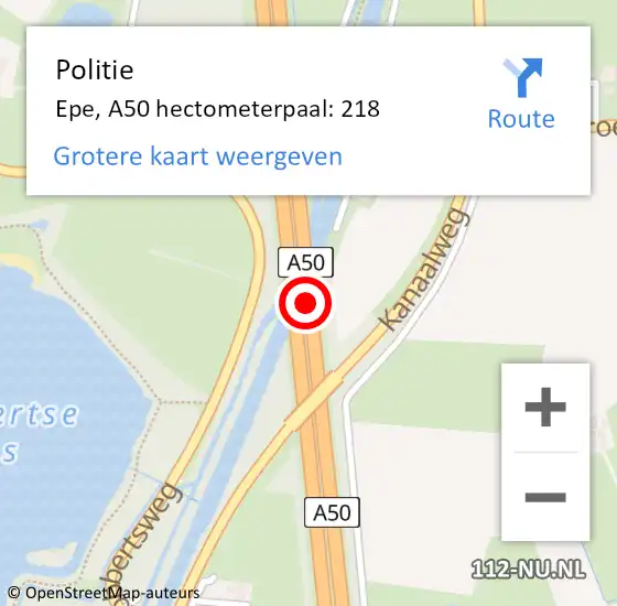 Locatie op kaart van de 112 melding: Politie Epe, A50 hectometerpaal: 218 op 17 februari 2023 08:44