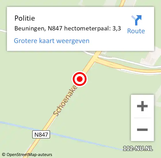 Locatie op kaart van de 112 melding: Politie Beuningen, N847 hectometerpaal: 3,3 op 17 februari 2023 09:54